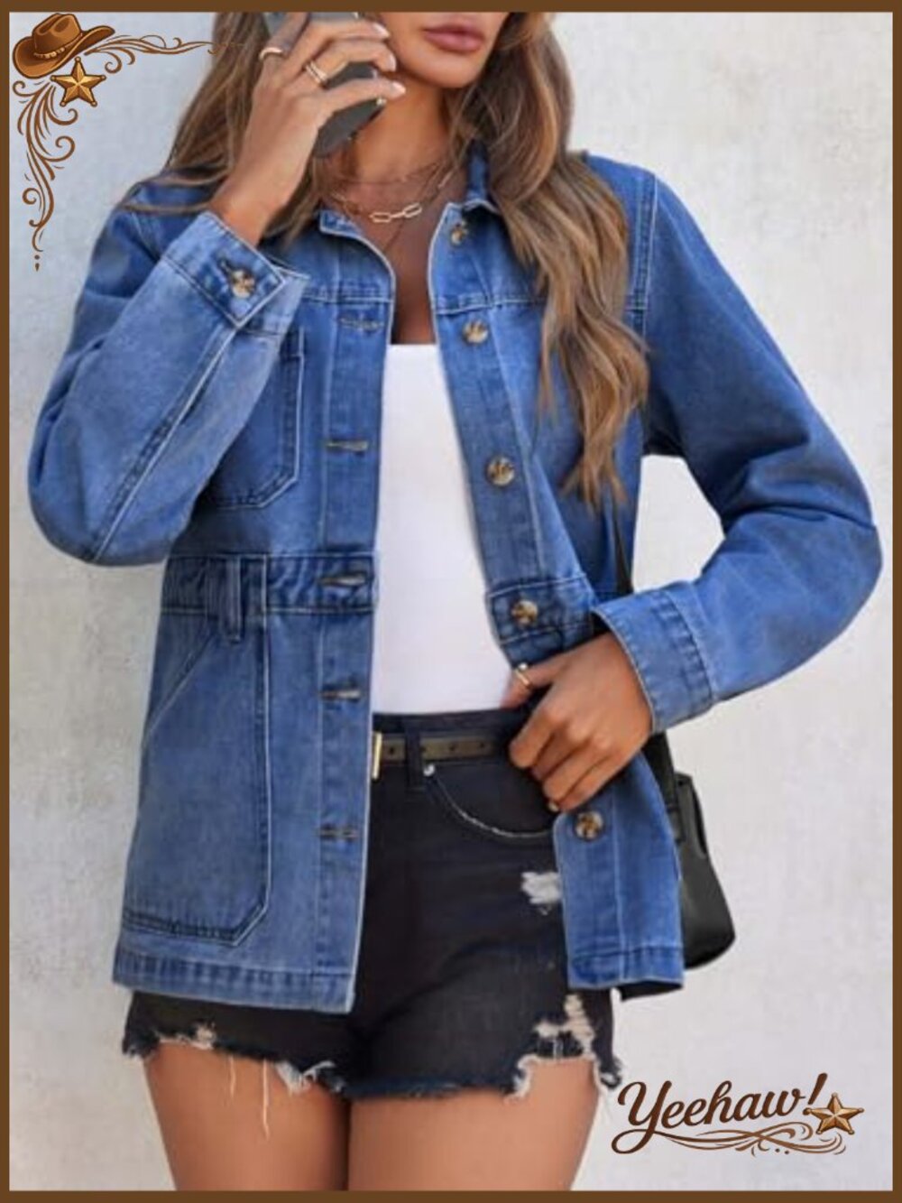 Distressed Oversized Denim Jacket Button Down Shacket with Pockets - Picture 4 of 7